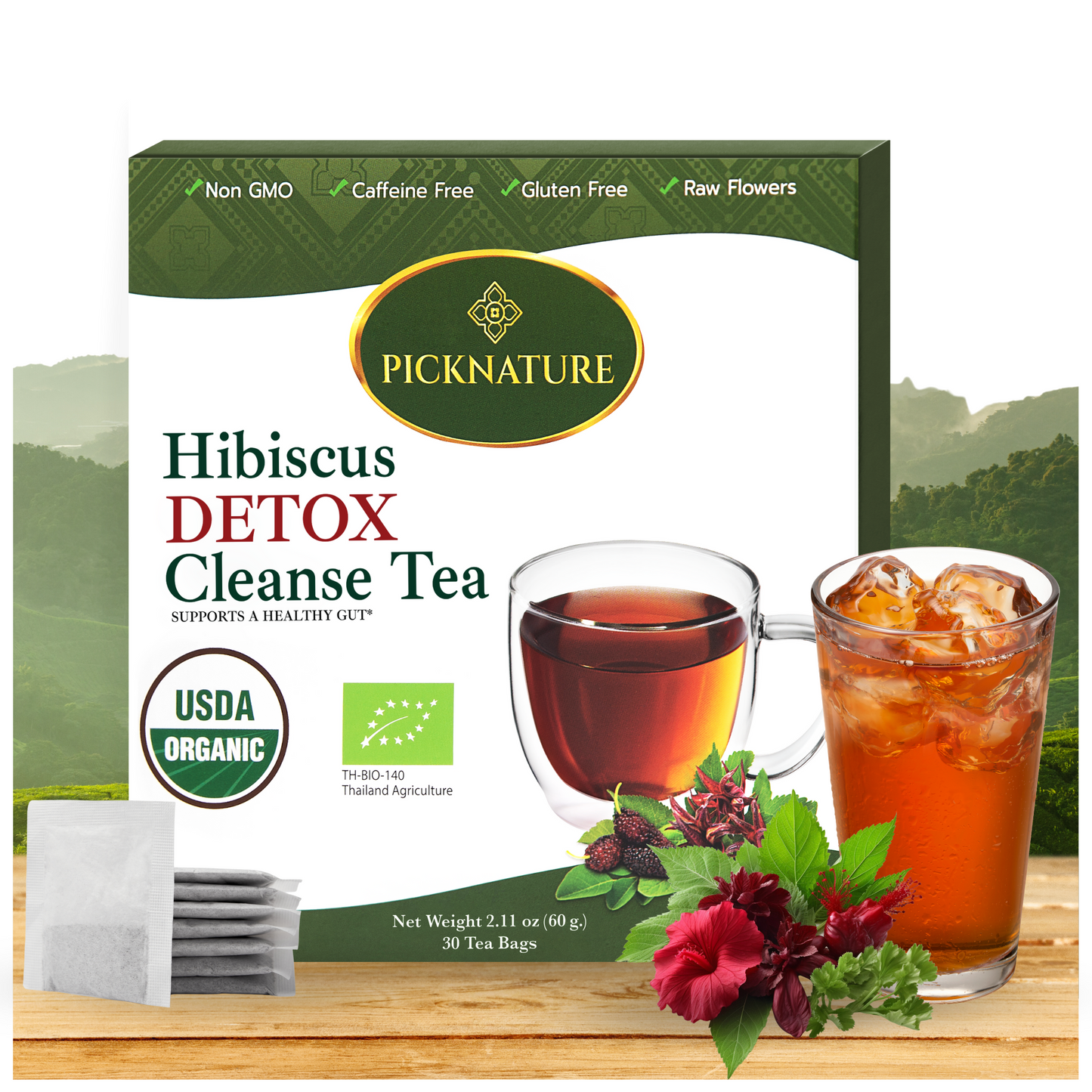 PICKNATURE Hibiscus Cleanse Tea Freshly Picked from Thailand | 2.11 oz | 30 tea bags (100+ Cups) | Herbal Tea Gifts | USDA Organic