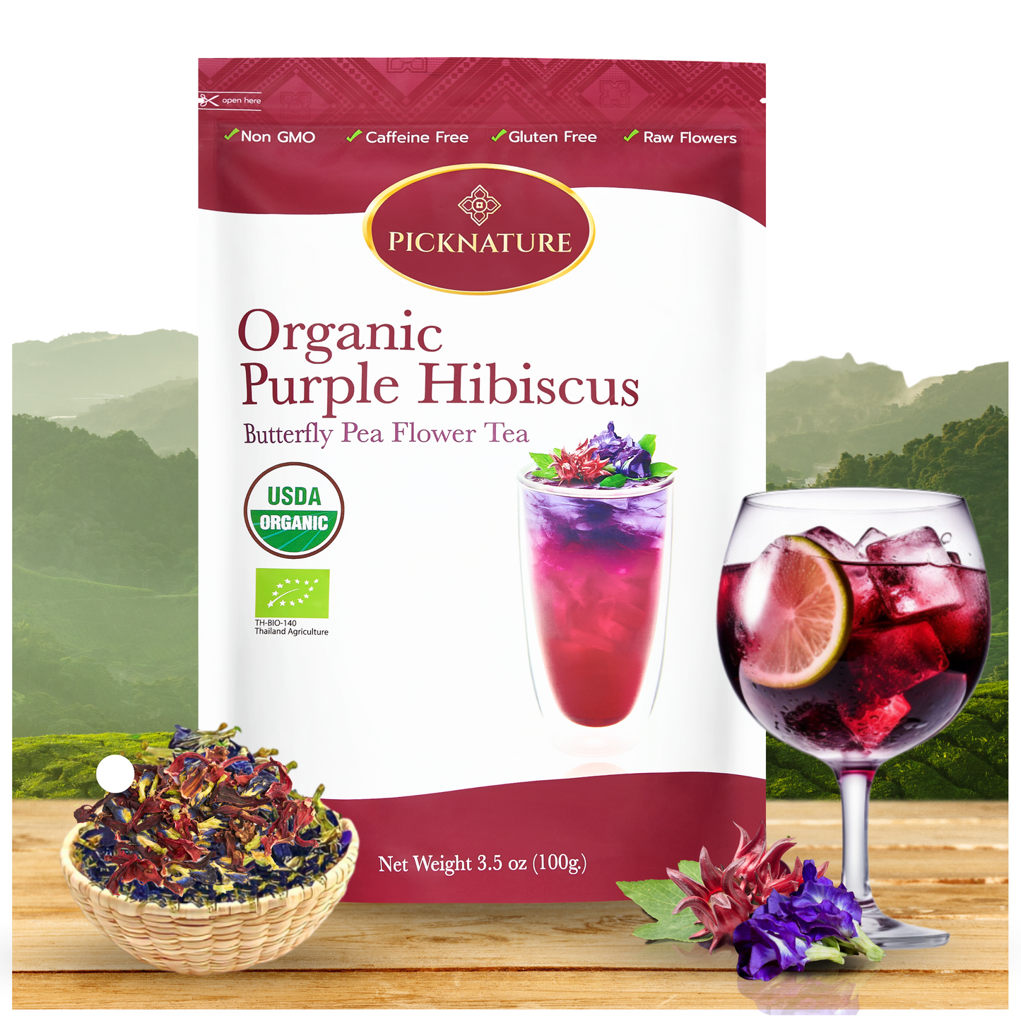 PICKNATURE 100% USDA Organic Purple Hibiscus tea Butterfly Pea Flower Tea 3.50 oz. Loose Leaf Tea - (300+ Cups) - Antioxidant Rich Dried Herbal Hibiscus flowers Butterfly pea Flowers - Product of Thailand