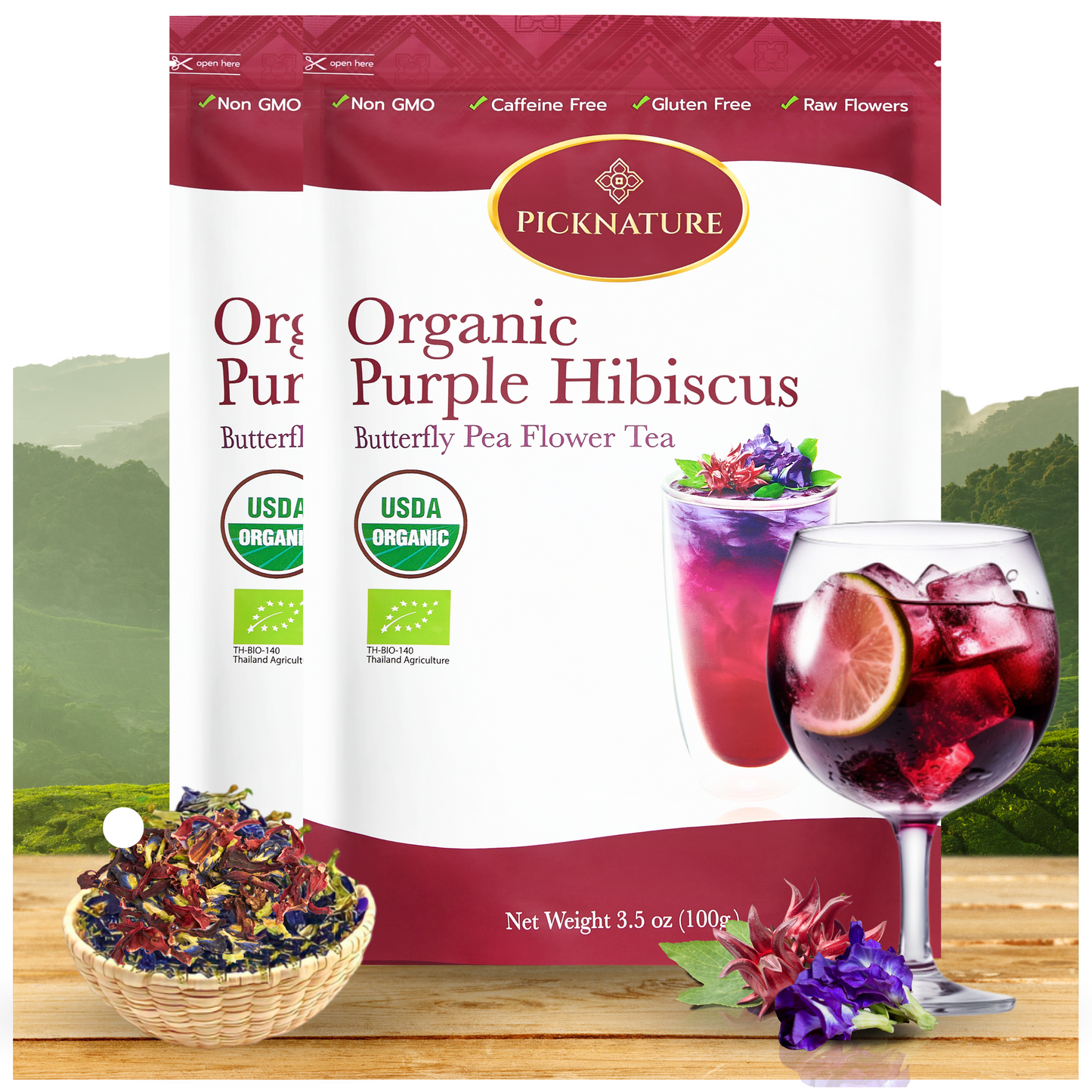 PICKNATURE 100% USDA Organic Purple Hibiscus tea Butterfly Pea Flower Tea 7.00 oz. Loose Leaf Tea - (VALUE 2-PACK 600+ Cups) - Antioxidant Rich Dried Herbal Hibiscus flowers Butterfly pea Flowers - Product of Thailand