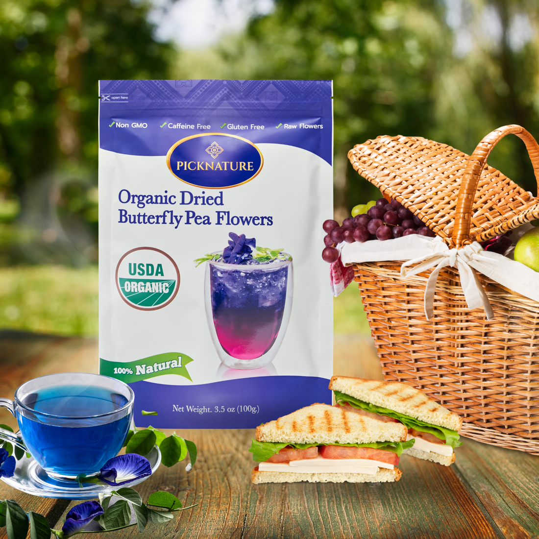 Springtime Picnic Bliss with Purple Hibiscus and Butterfly Pea Flower Tea