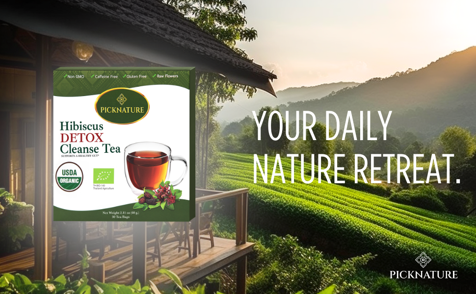 PICKNATURE Hibiscus Cleanse Tea Freshly Picked from Thailand | 2.11 oz | 30 tea bags (100+ Cups) | Herbal Tea Gifts | USDA Organic