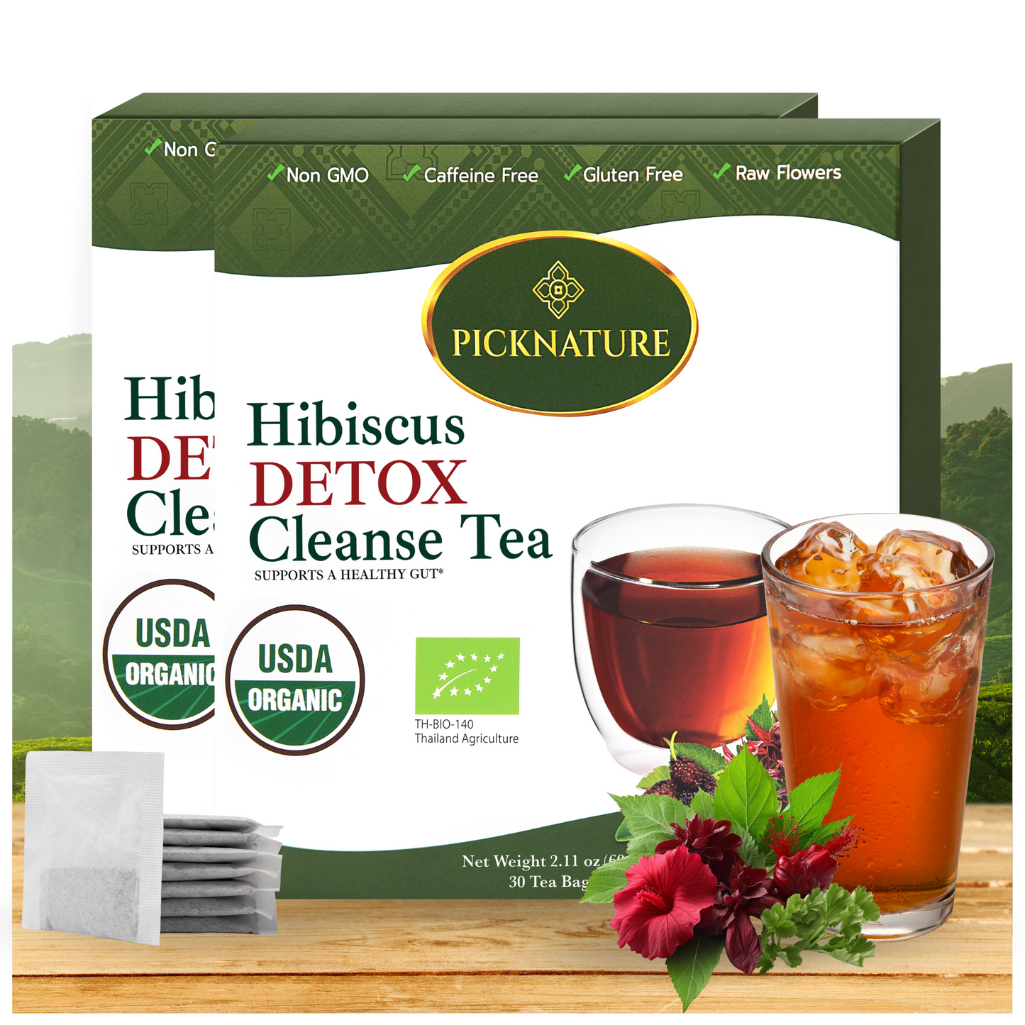 PICKNATURE Hibiscus Detox Cleanse Tea Freshly Picked from Thailand | 60 tea bags (VALUE PACK 200+ Cups) | Herbal Tea Gifts | USDA Organic