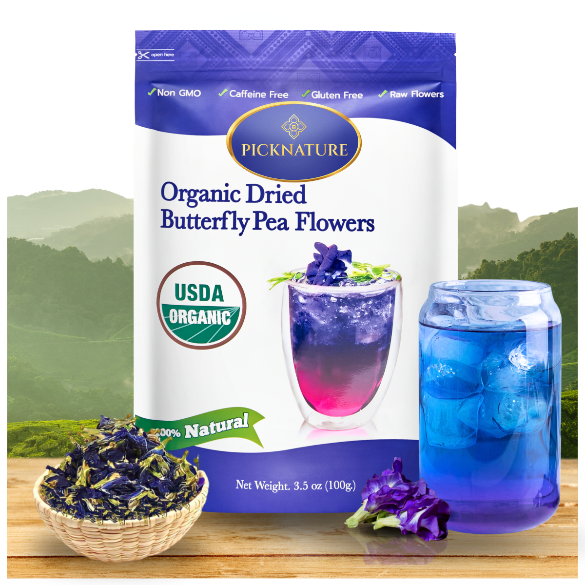 PICKNATURE 100% USDA Organic Butterfly Pea Flower Tea 3.50 oz. (300+ Cups) - Antioxidant Rich Dried Herbal Loose Leaf Blue Tea Flowers