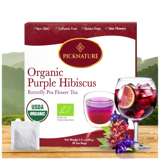 PICKNATURE USDA Organic Purple Hibiscus Butterfly Pea Flower Tea Bag 2.11 oz. - 30 Tea Bags - Product of Thailand