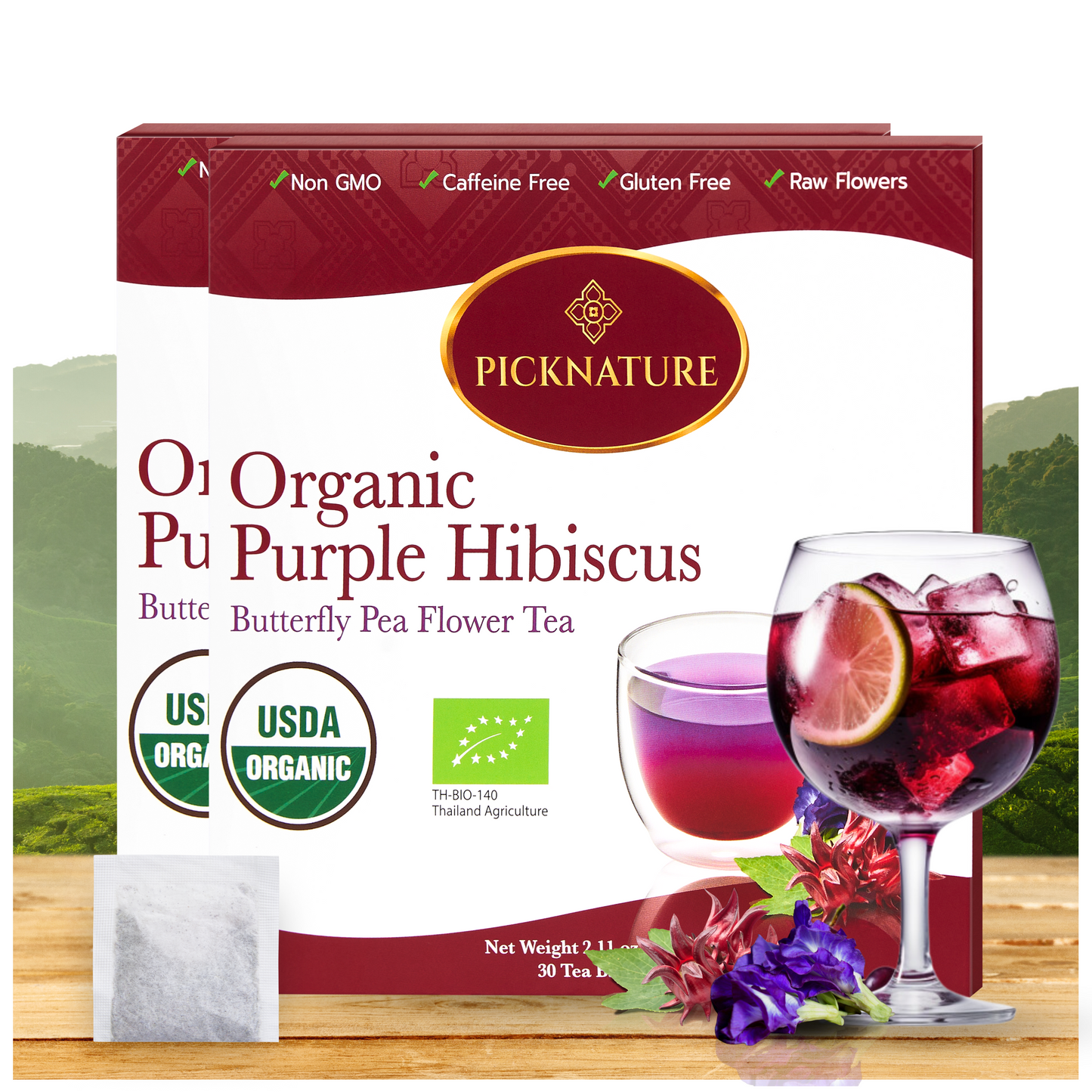 PICKNATURE 100% USDA Organic Purple Hibiscus Butterfly Pea Flower Tea Bag 4.22 oz. - 30 Tea Bags (VALUE 2-PACK) - Product of Thailand
