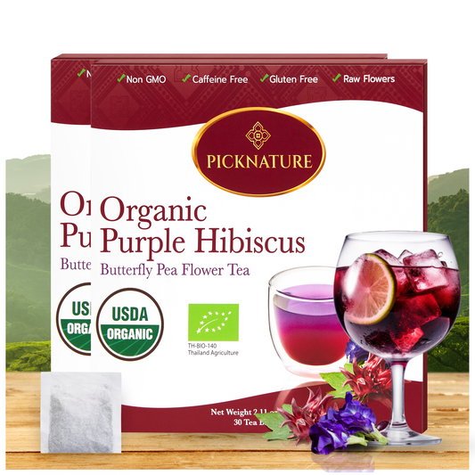 PICKNATURE 100% USDA Organic Purple Hibiscus Butterfly Pea Flower Tea 2.11 oz. - 30 Tea Bags (VALUE 2-PACK) - Product of Thailand